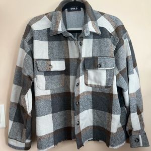 Blue B, Plaid Flannel Shacket, Size L, Gray/Brown/Cream